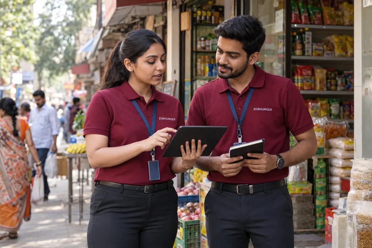 AI-generated illustration of two ZOBHUNGER field colleagues in branded uniforms planning a store visit outside a neighbourhood shop.