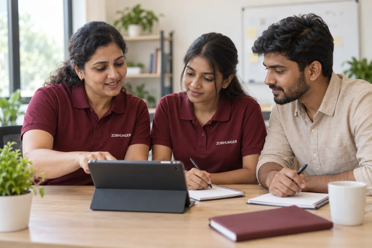 AI-generated illustration of a ZOBHUNGER mentor helping two new colleagues learn a task using a tablet and notebook.