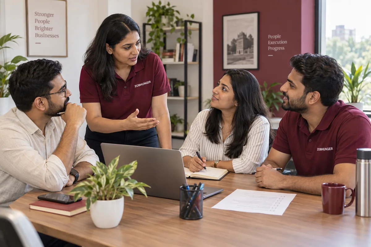 AI-generated illustration of ZOBHUNGER colleagues in burgundy company polos discussing a work plan together in an office.