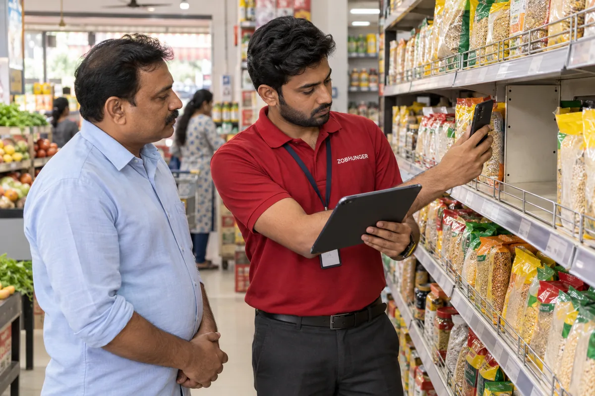 Illustration of a ZOBHUNGER auditor checking a grocery shelf with a tablet and photographing an availability gap.