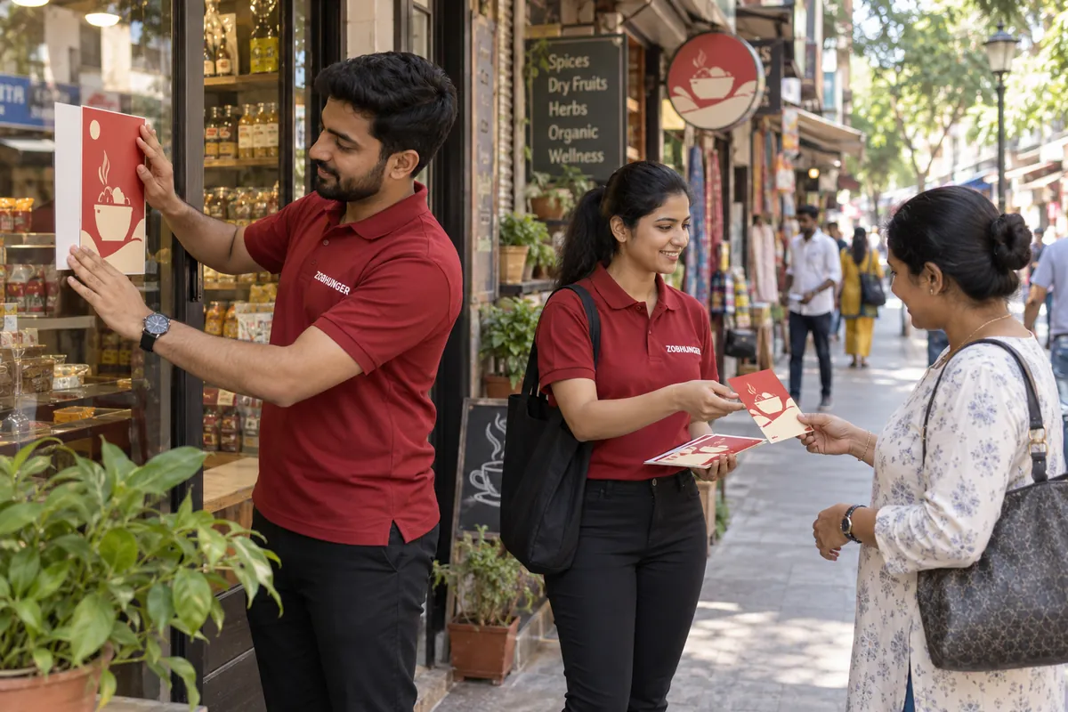 AI-generated illustration of ZOBHUNGER executives placing a promotional sticker at a shop and handing a leaflet to a shopper in an Indian market.