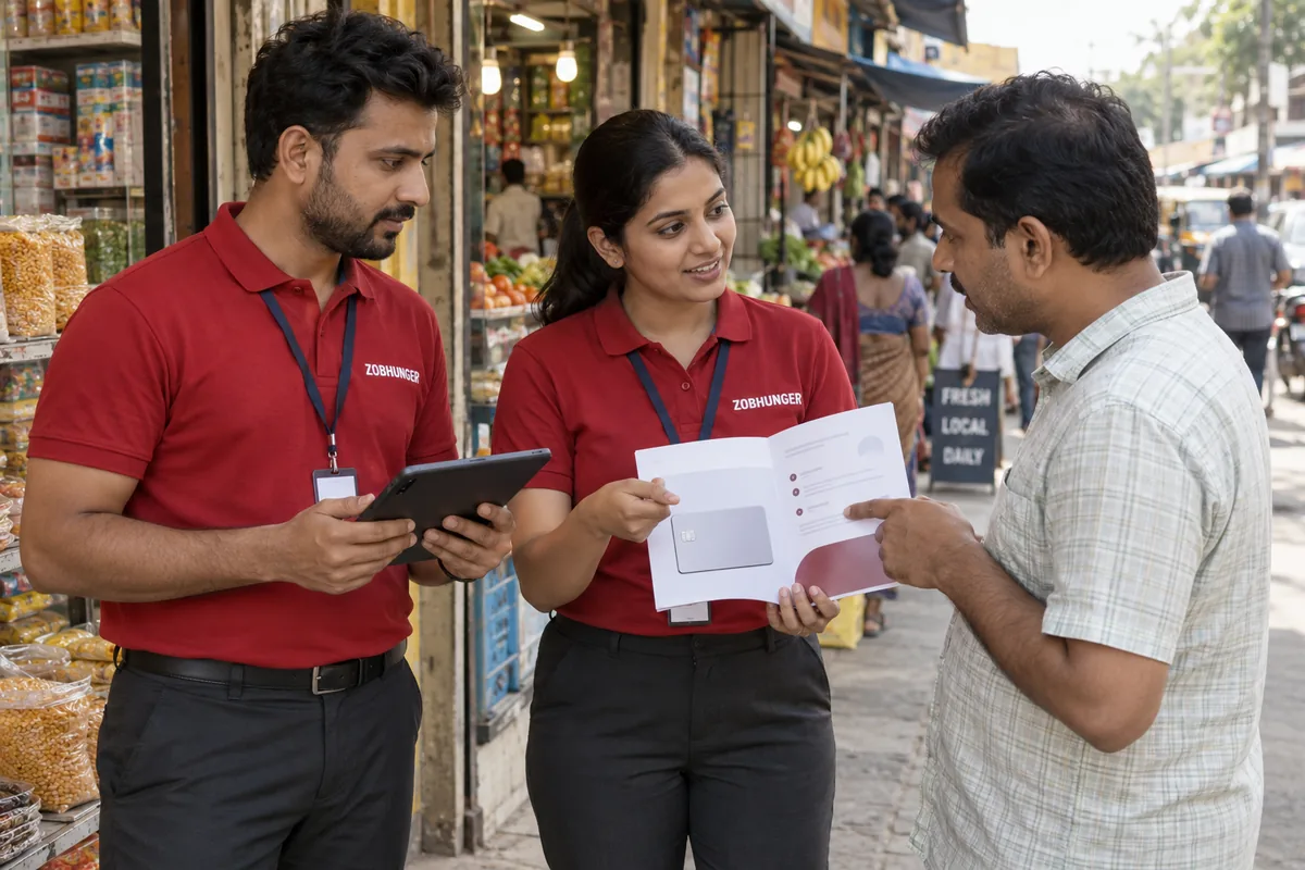 Illustration of two ZOBHUNGER field executives explaining a card-service brochure to a customer in a neighbourhood market.