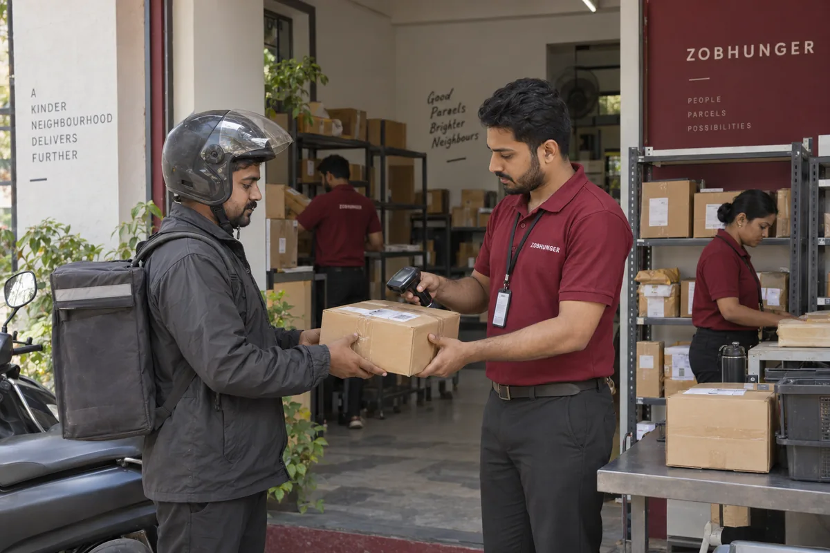 AI illustration of a ZOBHUNGER coordinator scanning a parcel during a handover to a delivery rider at a dispatch point.