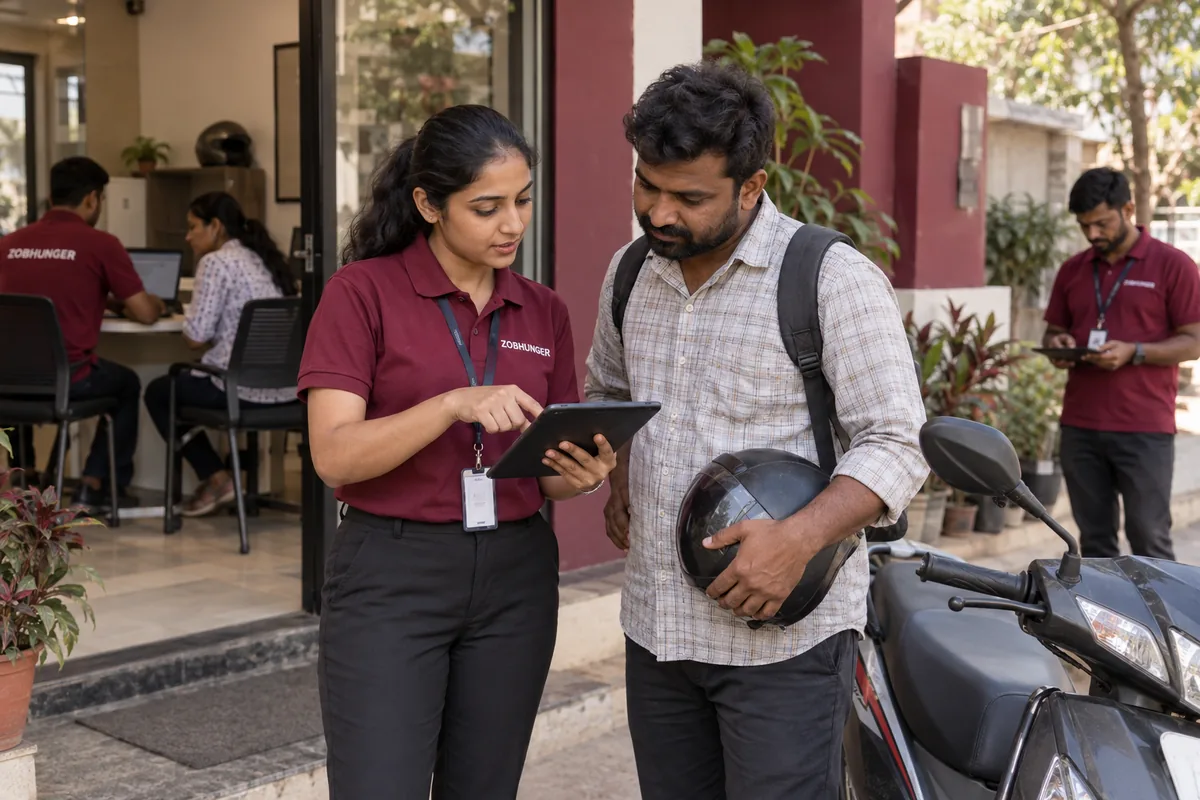 AI illustration of a ZOBHUNGER executive guiding a prospective mobility partner through registration on a tablet beside a parked scooter.