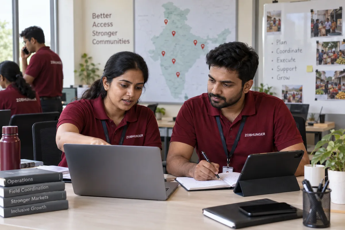 AI illustration of two ZOBHUNGER coordinators reviewing field updates on a laptop and noting the next action.