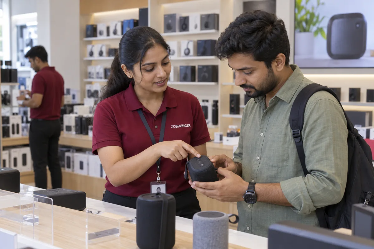 AI illustration of a ZOBHUNGER promoter explaining a portable speaker while a shopper tries its controls in an electronics store.