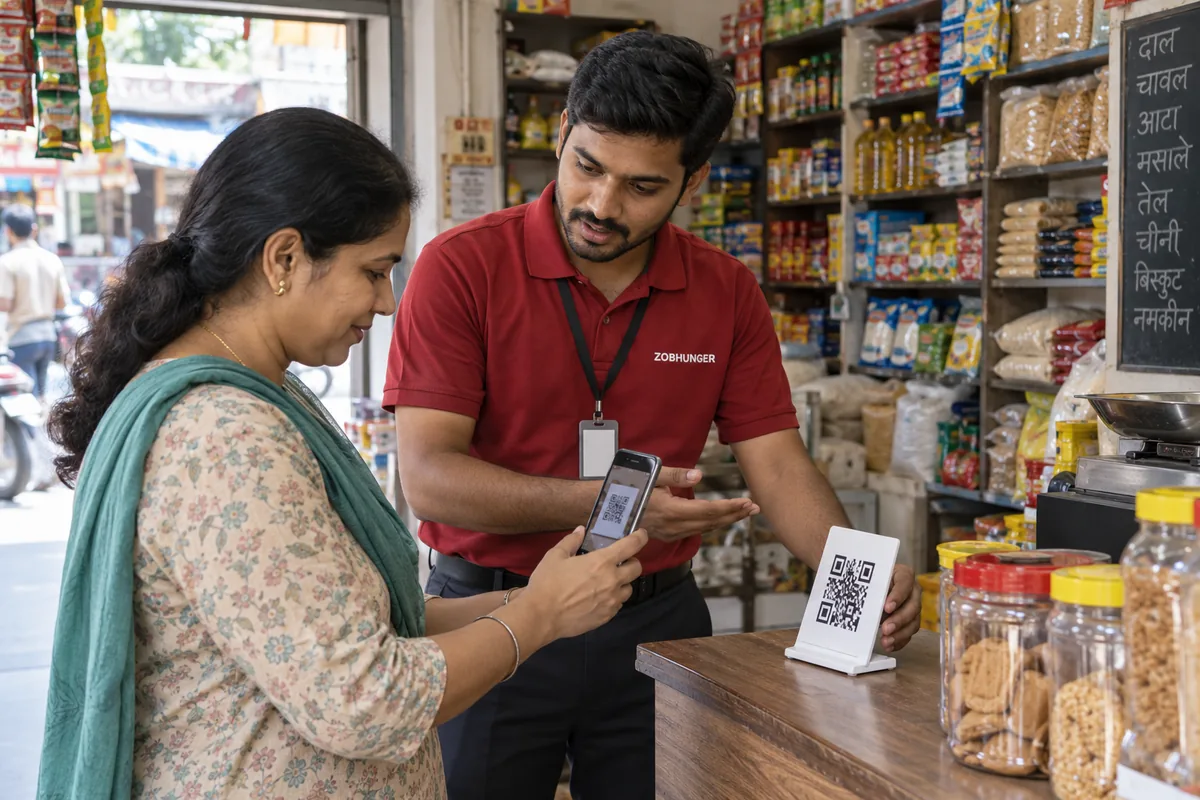 Illustration of a ZOBHUNGER executive placing a QR display at a shop counter while the merchant checks it with a phone.
