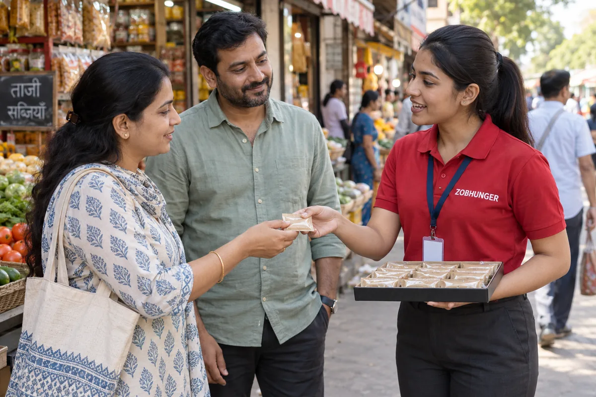Illustration of a ZOBHUNGER promoter offering a sealed product sample to a shopper in a local market.