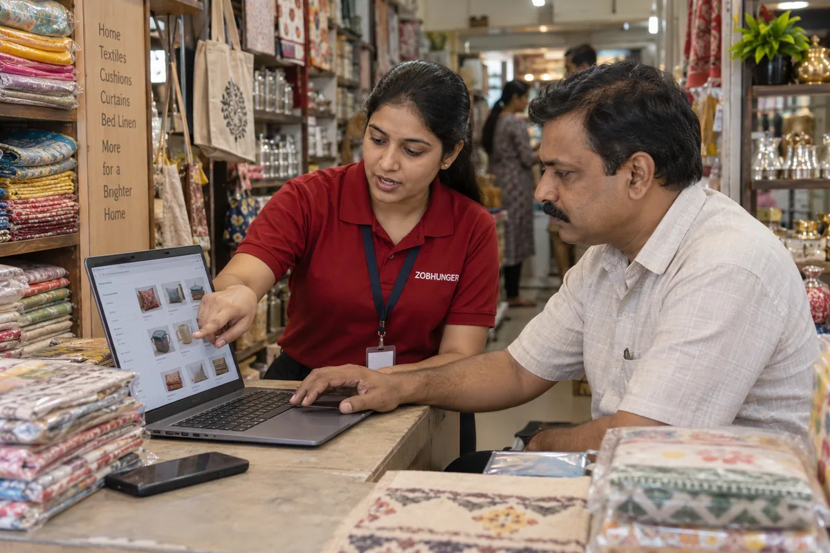 Illustration of a ZOBHUNGER executive helping a shop owner work through an online product listing on a laptop.