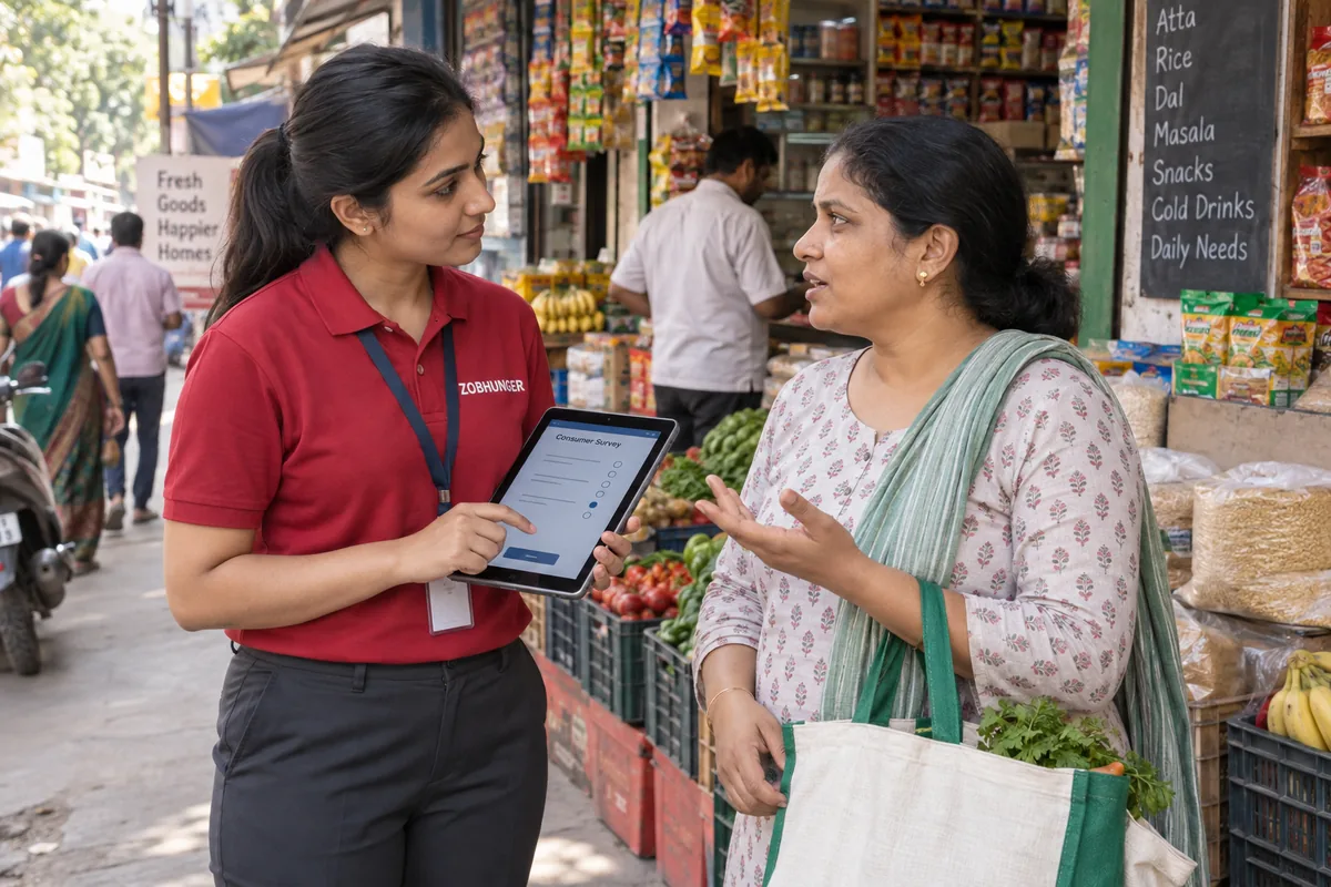 Illustration of a ZOBHUNGER researcher recording a shopper's survey responses on a tablet outside a grocery shop.