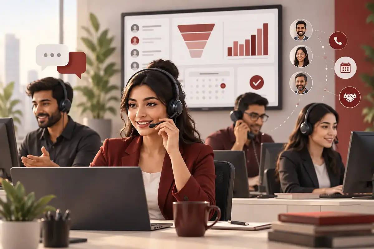 Professional illustration of a trained telecaller team using headsets and a CRM dashboard to manage conversations, follow-ups and appointments.