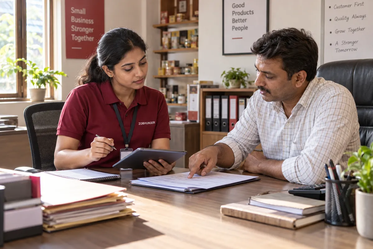 AI-generated illustration of a ZOBHUNGER verification executive reviewing business documents and a tablet checklist with a business owner.