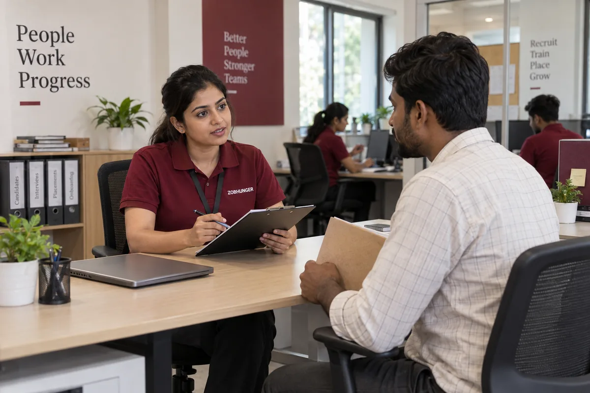 AI illustration of a ZOBHUNGER recruiter discussing a role with a candidate and reviewing a screening checklist.